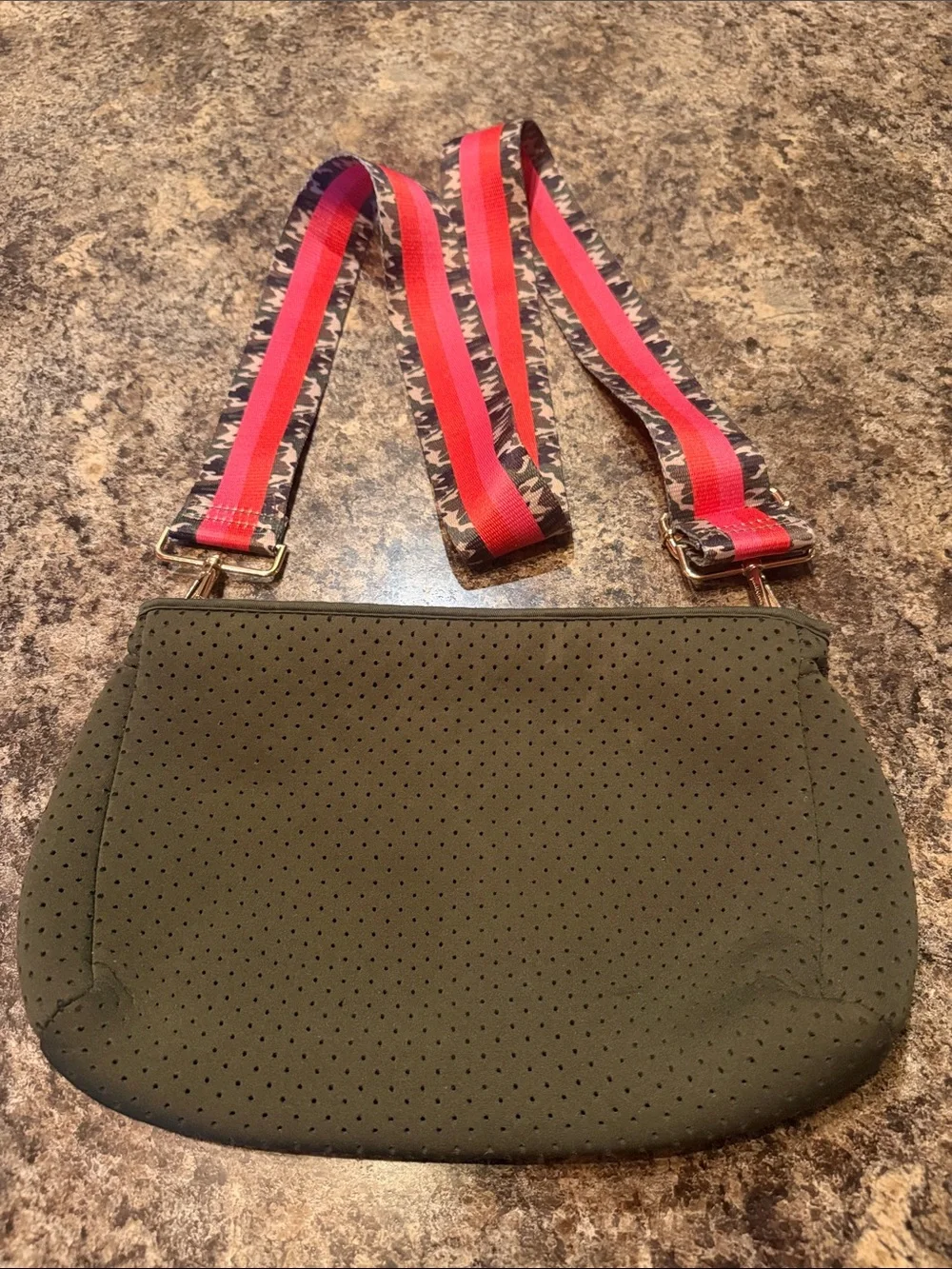 2 Piece Set Camo Neoprene Tote with Orange and Pink Stripe w Matching Crossbody